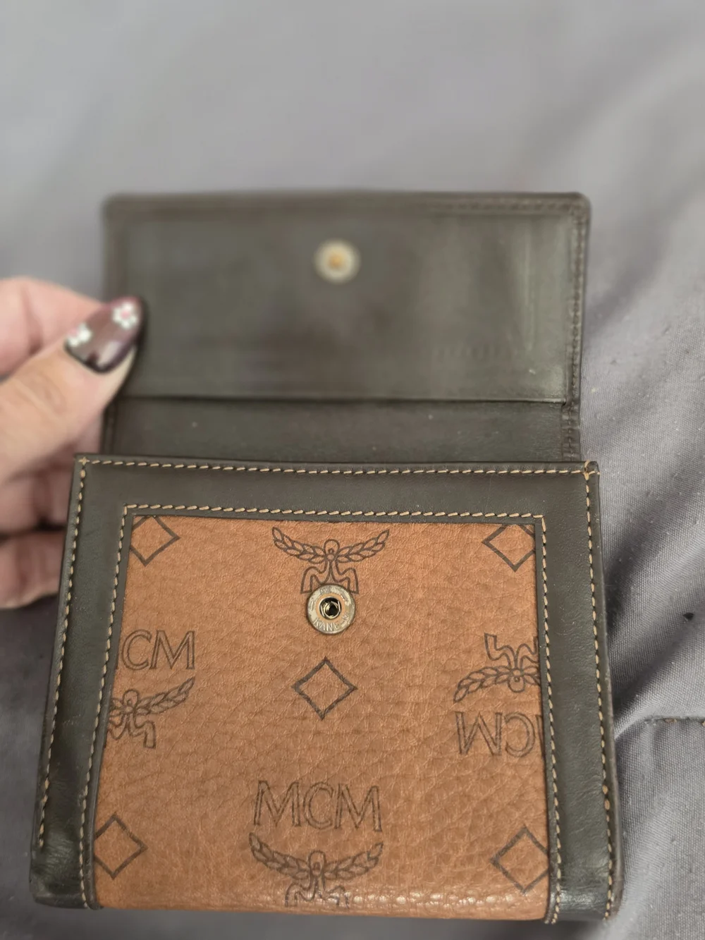 AUTHENTIC MCM Two-Tone Brown Monogram Compact Wallet with Gold Plate - Picture 6 of 11
